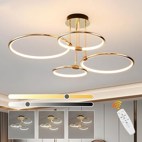 4 Runda Ringar Guld LED Taklampa Design, Ø75cm | 85W Ljuskrona, Steglöst Dimbar, Kreativ Metallplåt, Modern Lampa För Sovrumsboende Barn Kontor Arbetsrum Kök Hall