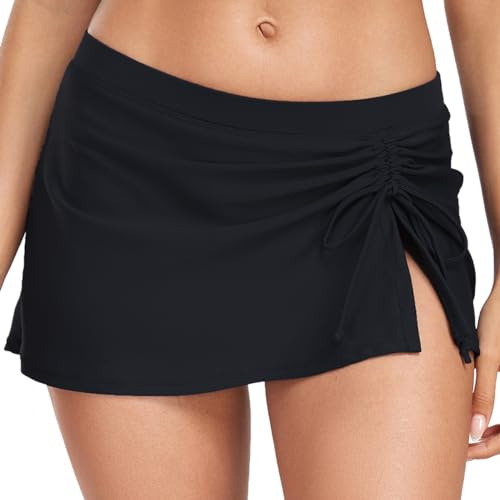 Deriwone Women Bikini Bottoms Tummy Control Swim Shorts Slit Swim Skirt Side Drawstring Tankini Bottoms M,Black