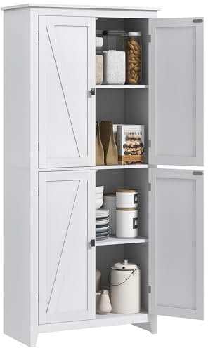 HOMCOM Credenza Moderna a 4 Ante con Mensole Regolabili e Base Rialzata, Mobile Cucina in Legno, 80x40x182 cm, Bianco