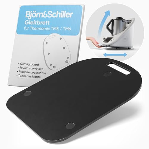 Björn&Schiller Gleitbrett für Thermomix TM6 und TM5, hochwertiges Acrylbrett mit Teflon-Gleitern und rutschfesten Gummipads, Slider, Brett, Unterlage, Rollbrett für den Thermomix (Schwarz)