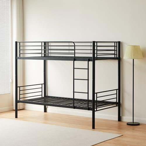 Reinforced Beds, 2'6FT BIRCHAM BUNK BED, Metal Bunk, Suitable for Adult Use, Exclusive Product, Easy Assembly, Reinforced Tubular Support Base, Reversible Ladder - Small Single (Black)