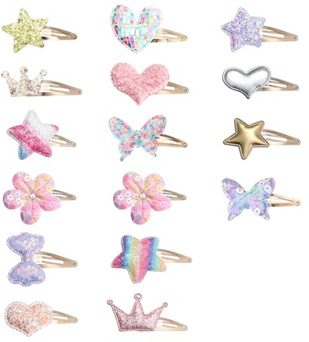 32 Pcs Hair Clips for Girls,Sparkly Metal Snap Barrettes for Girls,Star Butterfly Crown Heart Shaped Barrettes Women Hairpins Cute Clips,Glitter Hair Clip for Little Girl Kids(Multi Colors)
