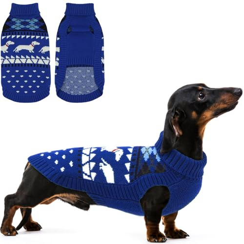 Lelepet Maglione per Cani Bassotto, Maglione Lavorato a Maglia con Motivo Bassotto, Caldo Maglione per Cani, Maglione Invernale a Collo Alto per Cani di Taglia Media, Blu, M