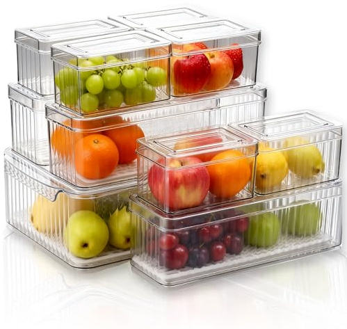 MEETOZ 10 Pack Clear Fridge Storage Containers with Lids, Clear Food Storage Boxes with Drain Tray,Stackable Fridge Organisers, BPA-Free, for Fruits, Vegetable, Suitable for Freezer, Pantry, Cabinet
