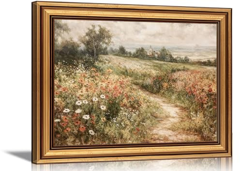 Vintage Gold Framed Wall Art Country Wildflower Field Wall Decor Picture Farmhouse Nature Rustic Cottagecore Landscape Poster Print for Gallery Living Room Bedroom Home Decoration 9x11in