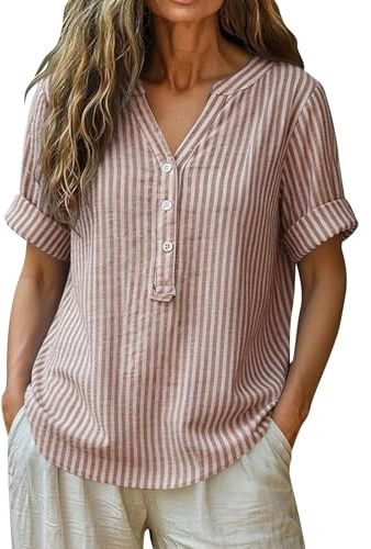 Randig skjorta damer, muslinblus damer, sommarblus med knappar ledig v-ringad linneblus lös passform affärströja blus stora storlekar lätt luftig skjortblus, kaki, XL