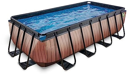 EXIT Toys Wood Pool - 400x200x100cm - Piscina de Marco Rectangular Grande con Bomba de Filtro de Cartucho - Piscina Extra Profunda - Marco Robusto - Incluye Escalera de Piscina - Diseño Único - Marrón