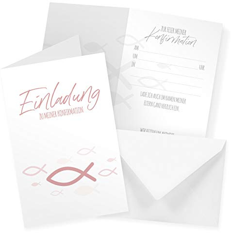 itenga Tarjetas plegables de pescado DIN A6, 6 unidades, invitaciones, tarjetas de menú, tarjetas postales, bautizo, comunión, confirmación, para niños y niñas (confirmación rosa)