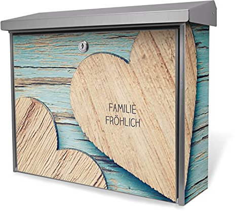 banjado® Burgwächter Briefkasten Edelstahl 38,5x31,5x12cm mit Motiv Holz Herzen/Briefkasten Edelstahl ohne Zeitungsfach/Briefkasten grau/Postkasten inkl. Montagematerial & 2 Schlüsseln