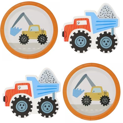 HOME & HOOPLA Construction Vehicles Paper Dessert Plates and Truck-Shaped Napkins For Transportation Cars and Trucks Theme Party (Serves 10)