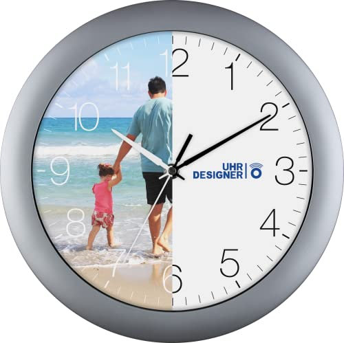 Eurotime Funkwanduhr, 30 cm, personalisiert, selbst gestalten mit Foto oder Logo, Kunststoffgehäuse, gewölbtes Echtglas, automatische Zeiteinstellung von Sommer- und Winterzeit, Silber, 52800-07UD