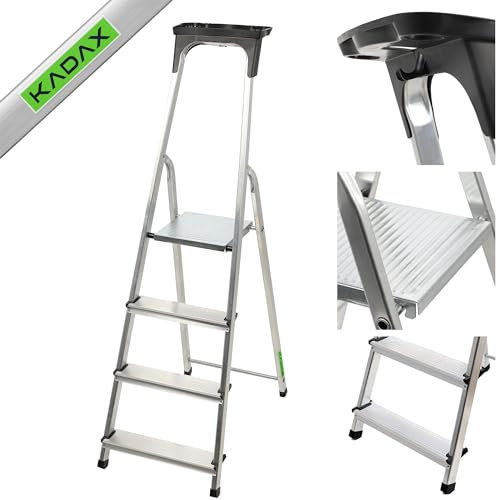 KADAX Escalera de Aluminio con 4 Peldaños Antideslizantes, Capacidad de Carga de 125 kg, Soporte para Herramientas y Diseño Plegable para Uso Doméstico