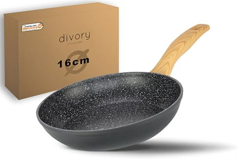DIVORY Bratpfanne 16cm kein Induktion – Antihaft Beschichtete kleine Universalpfanne für alle Herdarten - Sichere Griffe (Helles Holz, 16cm)