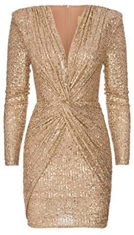 Swing Fashion Women's Dolores | Gold Minikleid Damen | Elegantes Festliches Partykleid | Abendkleid | Hochzeitskleider | Kurzkleid | Kleid mit Pailletten | V-Ausschnitt | Langarm 34 (XS)