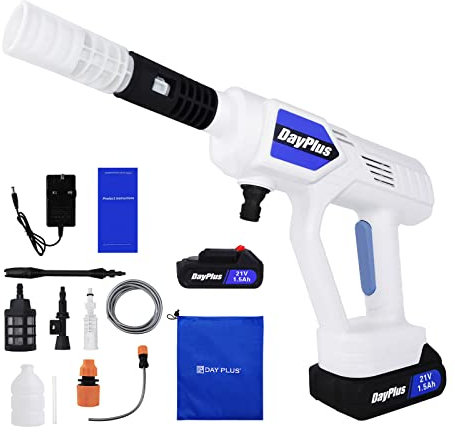 Pistolet de nettoyage portable sans fil pour voiture haute pression avec batterie Li-ion, chargeur, buse réglable, accessoires, 2 raccords à dégagement rapide et tuyau de 5 m