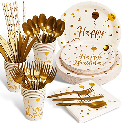 200 pieces of white and gold birthday party supplies, disposable happy birthday tableware set, gold plastic knives, forks, spoons, straws. Birthday themed tray, cup,25GuestsïŒwhiteïŒ