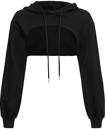 GORGLITTER Damen Crop Hoodie Pullover Sehr Kurz Sweatshirts Langarm Pulli Rundkragen Cut Outs Shirts mit Kapuze Schwarz M