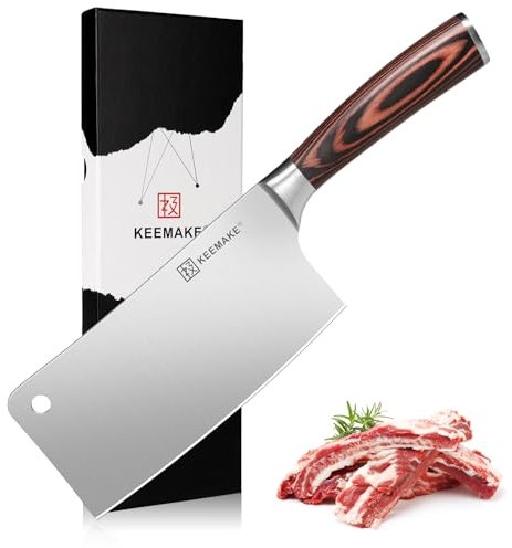 KEEMAKE Couteau Cuisine Feuille de Boucher Professionnel 18 cm, Couperet Boucher en Acier Inoxydable, Couteau Hachoir Chef Chinois pour Viande Légume, Manche en Pakkawood