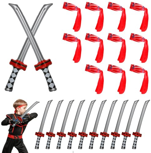 PEUTIER 12 Piezas Espadas Samurai Inflables y 12 Piezas Diademas Ninjas, Juego de Espada Ninja Juguete Inflable Espada Katana Accesorios de Cosplay para Niños Niñas Cumpleaños Fiesta Temática Ninja