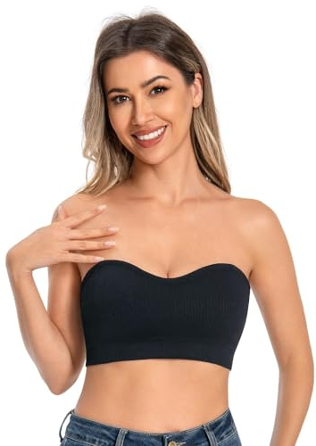 ANGOOL Strapless Bra Non Slip Removable Padded Non Wired Seamless Bandeau Bra with Convertible Straps Supportive Lift Lightweight Breathable, Black, L