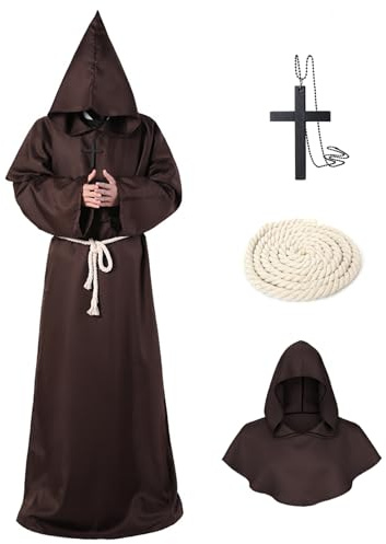MEIRRAI Disfraz de Monje Sacerdote, Tunica Medieval Hombre Traje con Capucha, con Collar de Cruz y Cinturón, Santo de Cosplay Adulto Fiestas Carnaval (Marrón, XL)