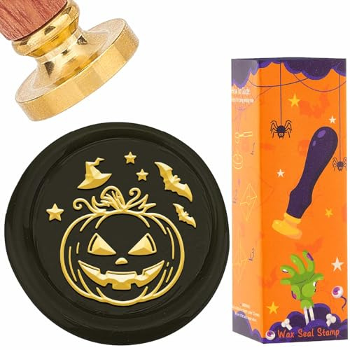 CRASPIRE Halloween pumpa vax försegling stämpel häxa hatt fladdermus försegling stämplar 25 mm mässingshuvud avtagbar vintage retro med trähandtag för höst gör-det-själv kuvert inbjudan