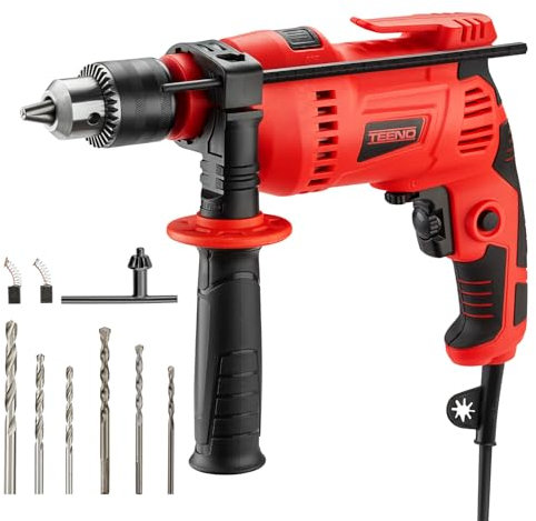 TEENO Corded Impact Drill 750W, 0-3000 RPM Electric Corded Impact Drill with 6 Accessories, 360° Rotating Handle, Variable Speed Knob, 13 mm Chuck, Brick, Wood, Steel (750W)