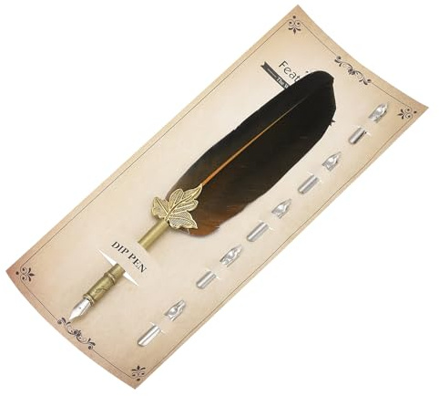 PATIKIL Fjäderpenna, 23 cm vintage Quill Pen fjäder dopppenna med 5 st ersättningsspetsar för att skriva kalligrafi bröllop signatur gäst, brun