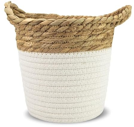 Jean & Len Cesta de almacenaje redonda, de algodón y junco, 17 x 17 cm | De uso versátil para toallas, cosméticos y pequeños utensilios, solución de almacenamiento decorativa y duradera