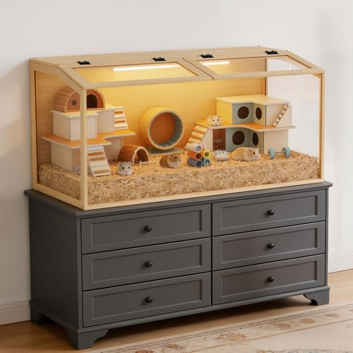 XL Gabbia per Criceti 100,7x50x50 cm in Legno e Vetro temperato Trasparente con Luce, Grande Gabbia per Piccoli Animali Domestici, Solo Casetta Nessun Giocattolo Interno o Accessorio