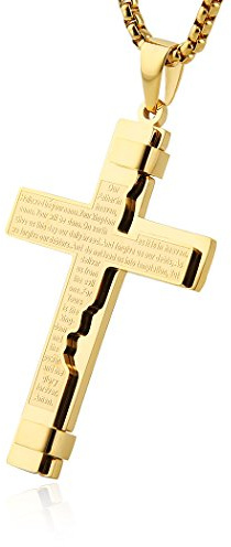 HZMAN Religion Cross Lord's Prayer Stainless Steel Pendant Necklace Rolo Cable Wheat Chain (Gold)
