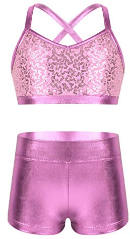 ranrann Enfant Fille Costume Gymnastique Brillant Paillette Ensemble Danse Tenue Ballet Gym Tank Top + Short Justaucorps Danse Classique Yoga Fitness Sport 5-14 Ans