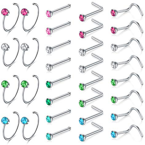 Mayhoop Piercing Naso Borchie al Naso 20G Acciaio Chirurgico con CZ Anelli Naso a Forma di C Stud Donna Uomo Ragazza Piercing Gioielli 32 Pezzi