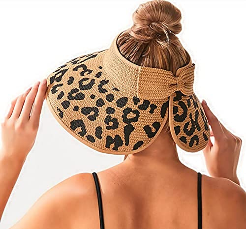 Women Sun Visors Wide Brim Foldable Packable Ponytail Beach Hat Straw Leopard Roll Up Bow Visor Sun Hats(Leopard)
