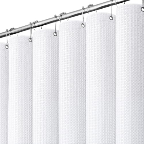 Dynamene White Fabric Shower Curtain， Waffle Weave Heavy Duty Hotel Luxury Cloth Shower Curtains for Bathroom, 72 Inch 256GSM Weighted Bath Curtain Set with 12 Plastic Hooks,72x72
