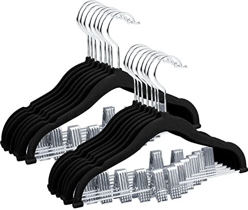 ManGotree 30cm Baby-Samtbügel mit Beweglichen Clips, rutschfeste Kinder-Kleiderbügel, Ultradünne Platzsparende Kinder-Filzbügel für Hemden, Hosen, Kleider, Röcke, Jacken (16 Stück, Schwarz)