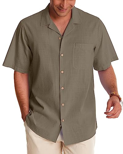 Alimens & Gentle Camicie da Uomo in Cotone e Lino, a Maniche Corte, con Bottoni, estive, da Spiaggia, Hawaiana, da Uomo, Cachi, L