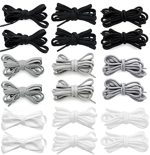 JZK 9 Pares 150cm largo, ovalados, planos y redondos Cordones zapatos para zapatillas deporte, calzado deportivo botas zapatos trabajo, cordones zapatillas planas blanco, negro, gris