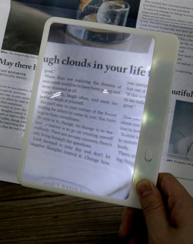 QWORK® Handheld Leselupe mit Licht, 3 Fach Vergrößerung Ganzseitenlupe, Größe 180x140 mm