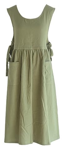 CHAILIQIANGG Damenschürze, große Größe, Schürze aus Baumwolle, Leinen, gewaschen, mit 2 Taschen, einfarbig, japanische Kochschürze, Damenweste, Arbeitsschürze, verstellbare Arbeitsschürze, grün, 130