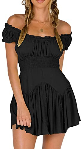 Springcmy Women Puff Sleeve Square Neck Romper Dress Off Shoulder Ruffle Shorts Smocked Layered Flowy A Line MiniBeach Swing Dress Sundress (A1-Black, XL)
