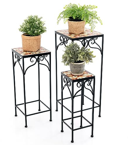 HOMASIS 3er Set Mosaik Beistelltisch Blumentreppe, Vintage Pflanzenständer Blumenständer Blumenregal mit Mosaikplatte, runder Mosaiktisch Metall, Blumenhocker für Zuhause Garten Balkon (Quadra,gelb)
