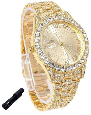 genkigold Diamantklocka för tonårspojkar - rund urtavla 43 mm romerska siffror - äkta guldpläterad 18K/platina-armband 20,5 cm - justeringsverktyg ingår, kan kombineras med kubansk kedja