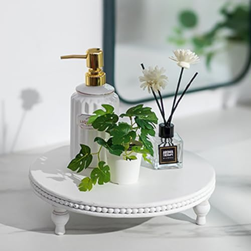 Hanobe Vassoio in legno rotondo, decorativo, in legno bianco, con piedini per candele, piatto decorativo, piccolo, rotondo, moderno, con perline per vassoio candele, supporto da tavolo, 30 cm