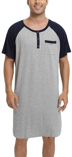 Enjoyoself Pijama de Algodón Hombre Larga Suave Transpirable Camisa de Noche de Manga Corta Ropa de Dormir para Descansar Gris+Azul Marino M