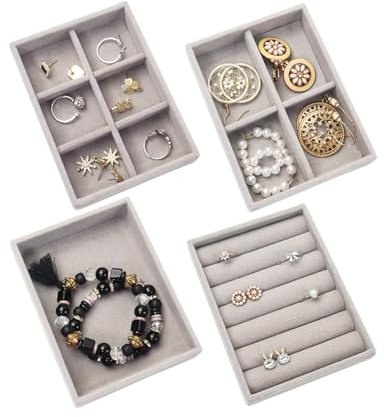 Nwvuop 4 piccoli vassoi per gioielli, cassetti, impilabili, per orecchini, collane, bracciali, anelli, 12,5 × 9,5 × 2,5 cm (grigio)