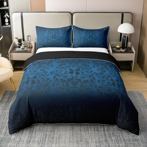 Marineblaue Bowknot 100% Baumwolle Bettwäsche Set 220x240,Ombre Teal Damast Tröster Abdeckung für Erwachsene Frauen Männer,Boho Antik Viktorianische Bettbezug,Groovy Blume Vintage Floral Bettbezug