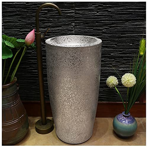 Pedestal Sink Handcrafted Ceramic wash Basin Pedestal washbasin Kaolin Clay Round Freestanding Sink with Drain & Faucet for Indoor and Outdoor,E, (G With mirror)