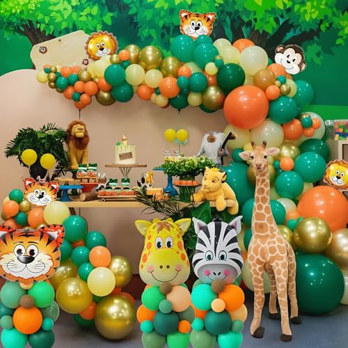 Djungelparty Ballongset 158 Delar – Safari Ballongbåge med Djur Foliebalonger Lejon Tiger Giraff Zebra Apa – Födelsedagsdekoration Barnkalas Babyshower Safari Tema Zoo Party