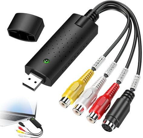 Bloomique Cable adaptador de captura de video USB 2.0, convertidor de video RCA a USB VHS a DVD digital, Plug & Play, adaptador convertidor de digitalización de audio y video para almacenamiento de